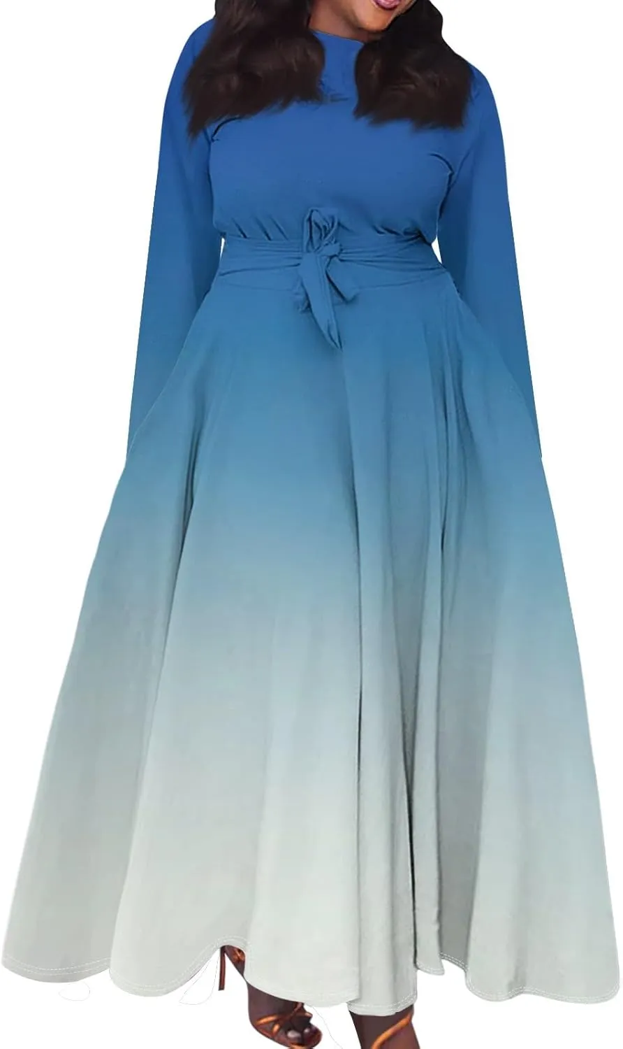 Women's Casual Fashion Large Size Round Neck Long Sleeve Pocket Straps Swing Dress Fashion