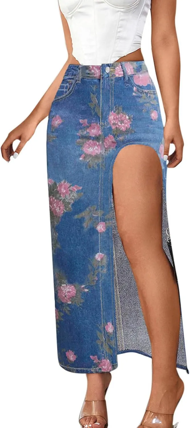 Women's Casual High Slit Denim Midi Jean Skirt Sexy Floral High Waisted Button Up Frayed Denim Skirt with Pockets