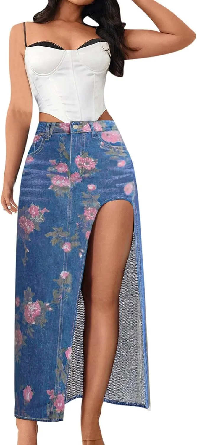 Women's Casual High Slit Denim Midi Jean Skirt Sexy Floral High Waisted Button Up Frayed Denim Skirt with Pockets
