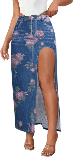 Women's Casual High Slit Denim Midi Jean Skirt Sexy Floral High Waisted Button Up Frayed Denim Skirt with Pockets