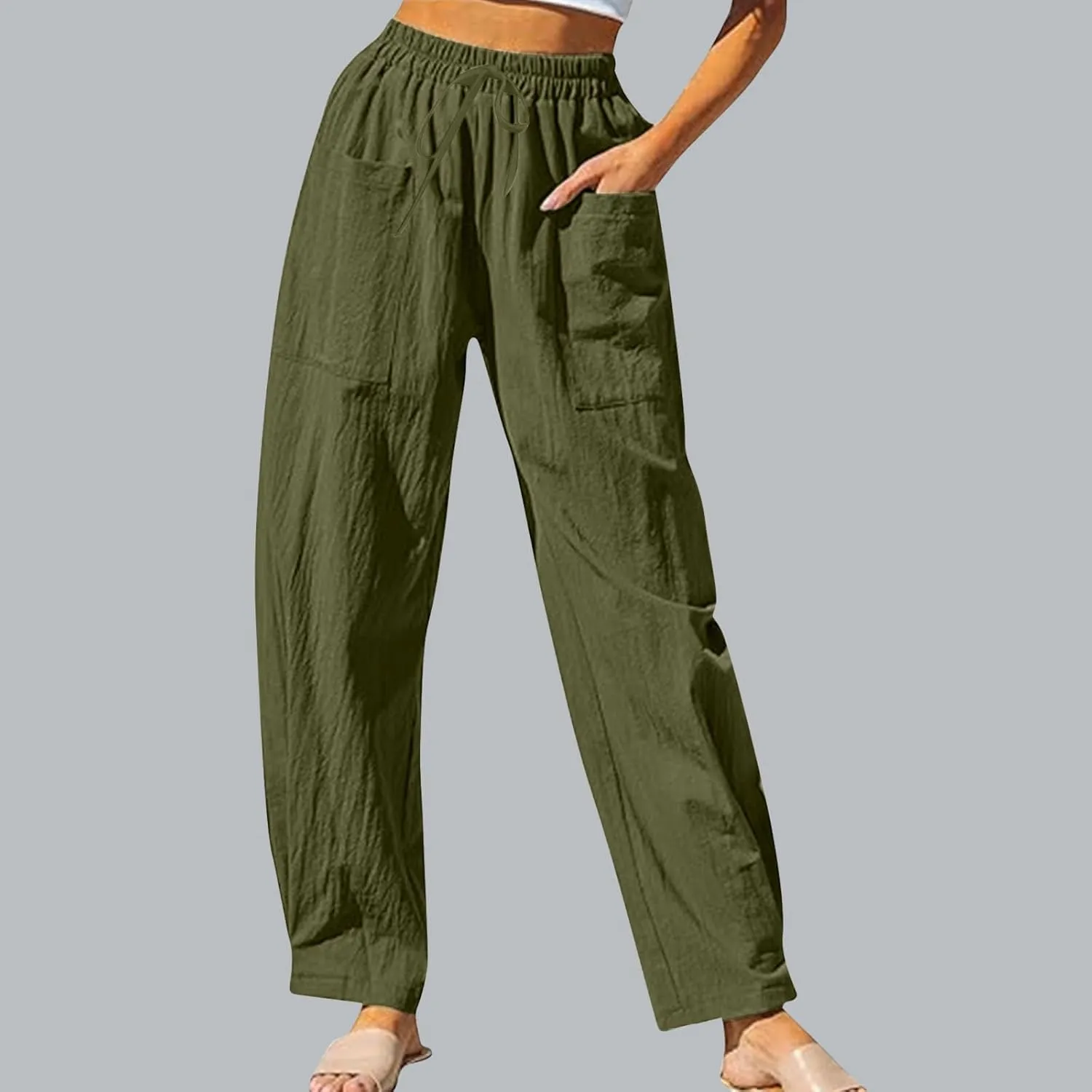 Womens Casual High Waist Pants 2024 Spring Summer Trendy Wide Leg Slacks Trouser Travel Vacation Outfits with Pocket
