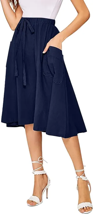 Women's Casual High Waist Pleated A Line Midi Skirt with Pocket Fashion Skirts for Women 2024 Trendy
