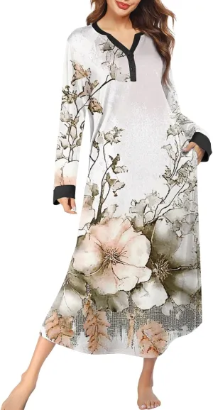 Womens Casual House Dress Trendy Long Sleeve Button Down Elegant V Neck Plus Size Floral Pleated Flowy Midi Dress
