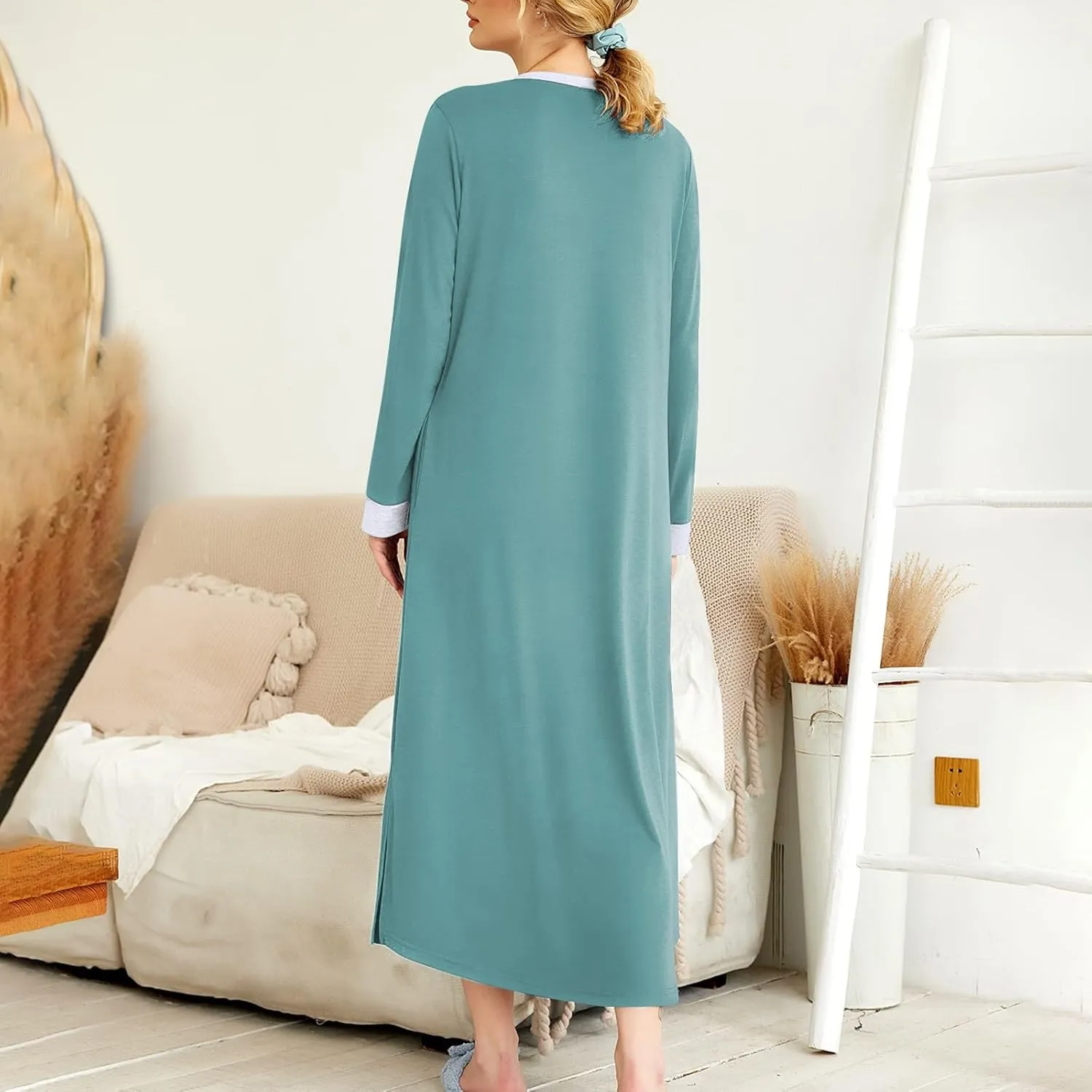 Womens Casual House Dress Trendy Long Sleeve Button Down Elegant V Neck Plus Size Floral Pleated Flowy Midi Dress