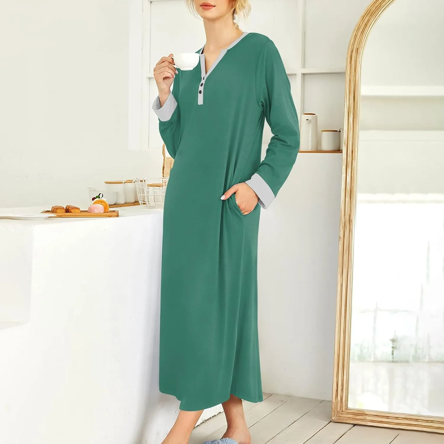 Womens Casual House Dress Trendy Long Sleeve Button Down Elegant V Neck Plus Size Floral Pleated Flowy Midi Dress