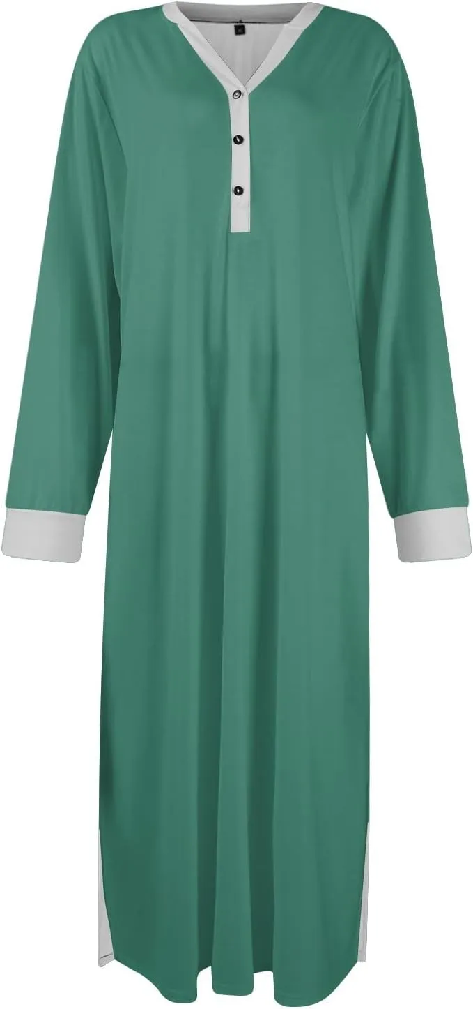 Womens Casual House Dress Trendy Long Sleeve Button Down Elegant V Neck Plus Size Floral Pleated Flowy Midi Dress