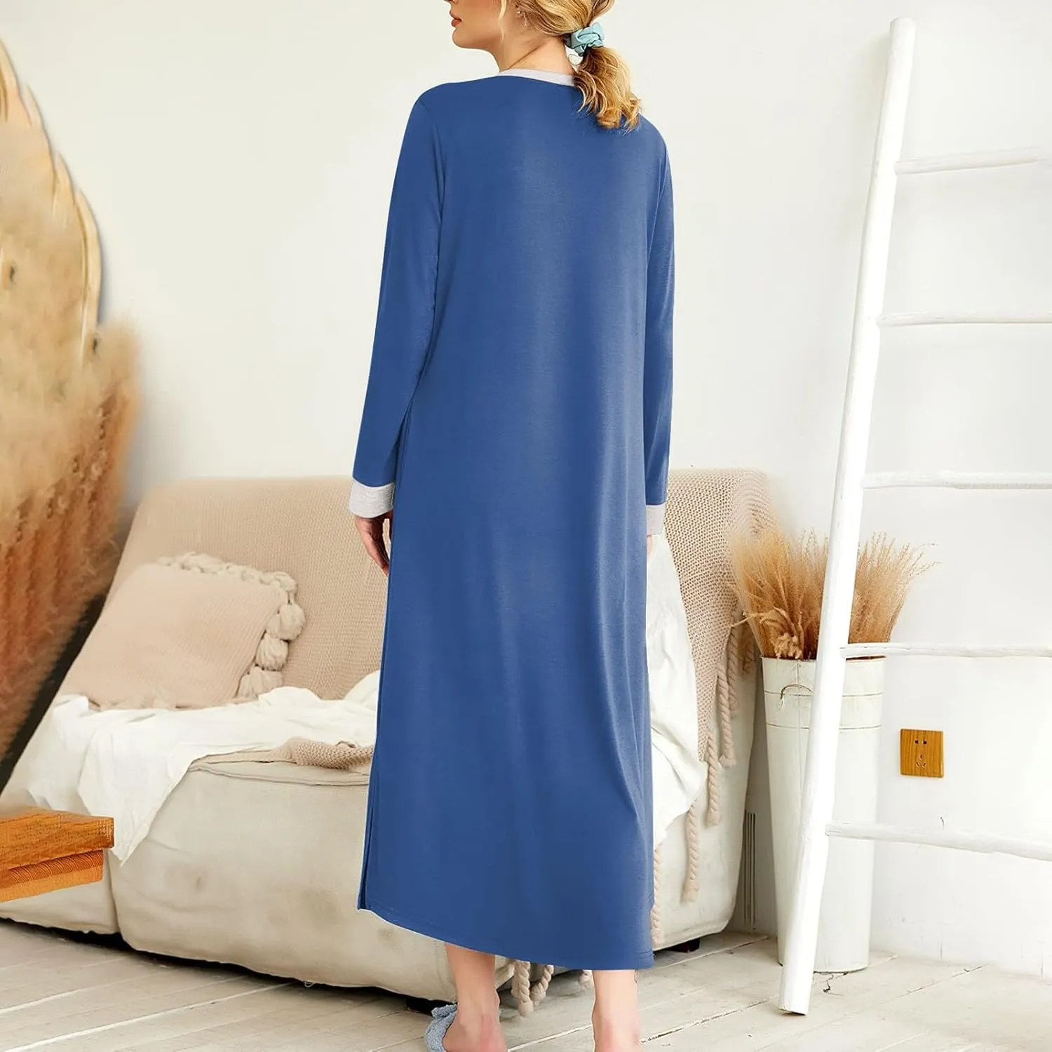 Womens Casual House Dress Trendy Long Sleeve Button Down Elegant V Neck Plus Size Floral Pleated Flowy Midi Dress