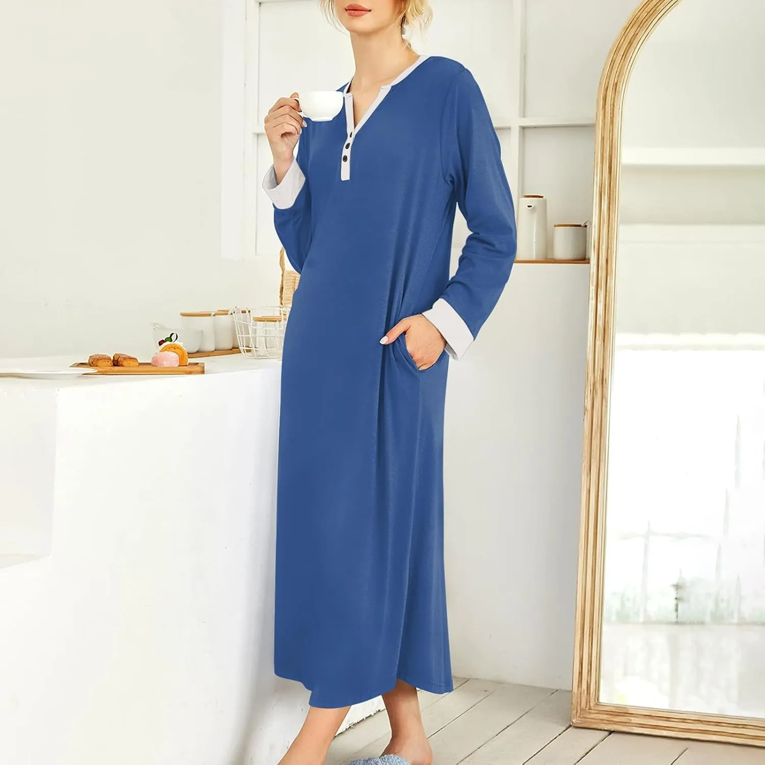 Womens Casual House Dress Trendy Long Sleeve Button Down Elegant V Neck Plus Size Floral Pleated Flowy Midi Dress