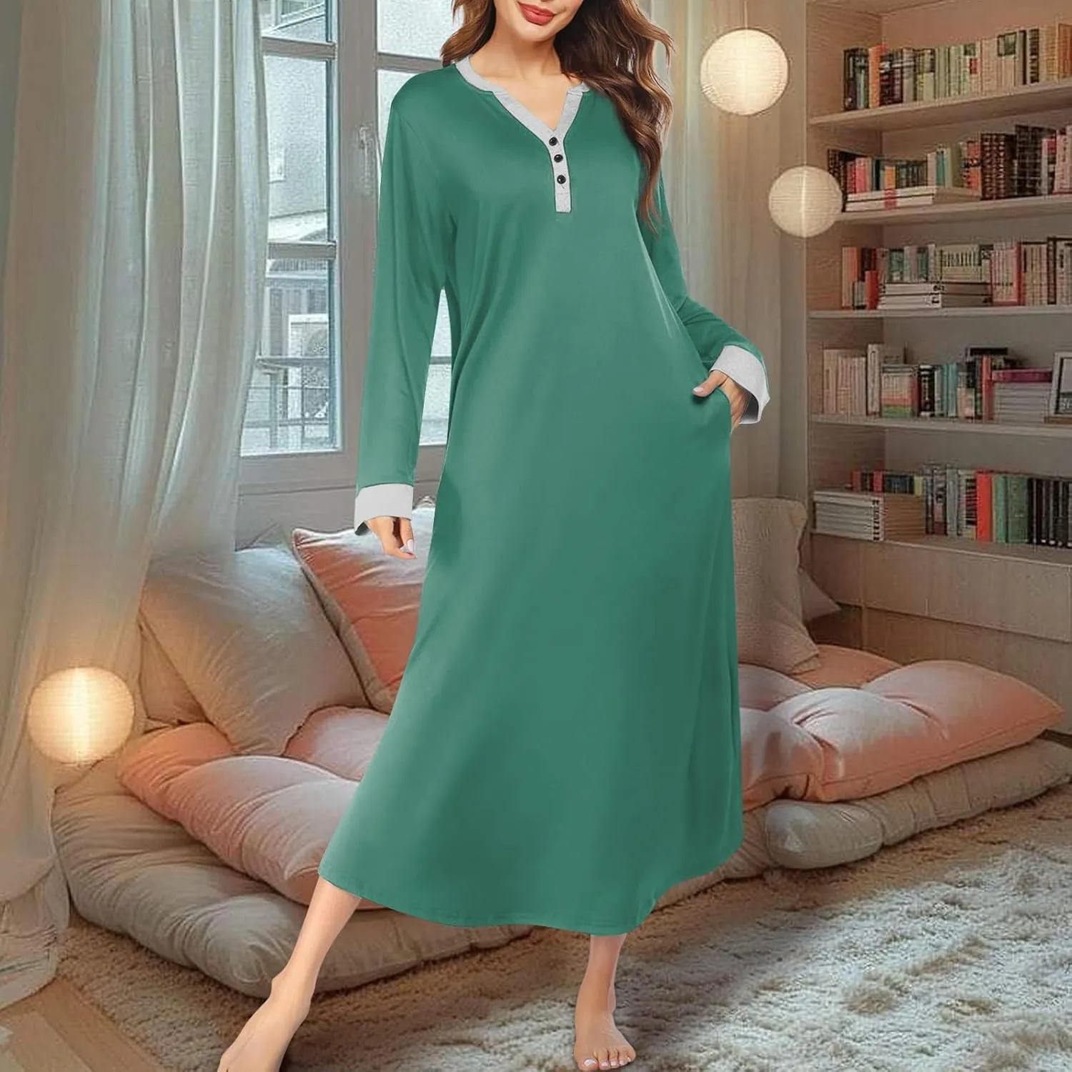 Womens Casual House Dress Trendy Long Sleeve Button Down Elegant V Neck Plus Size Floral Pleated Flowy Midi Dress