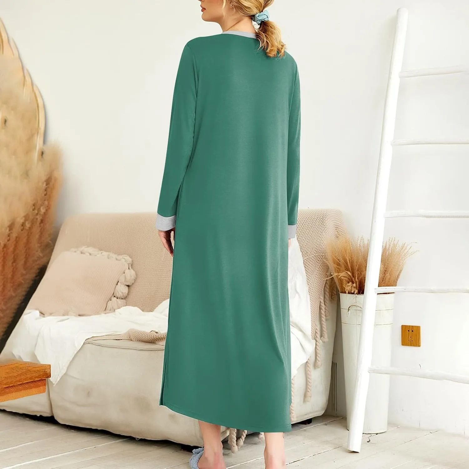 Womens Casual House Dress Trendy Long Sleeve Button Down Elegant V Neck Plus Size Floral Pleated Flowy Midi Dress