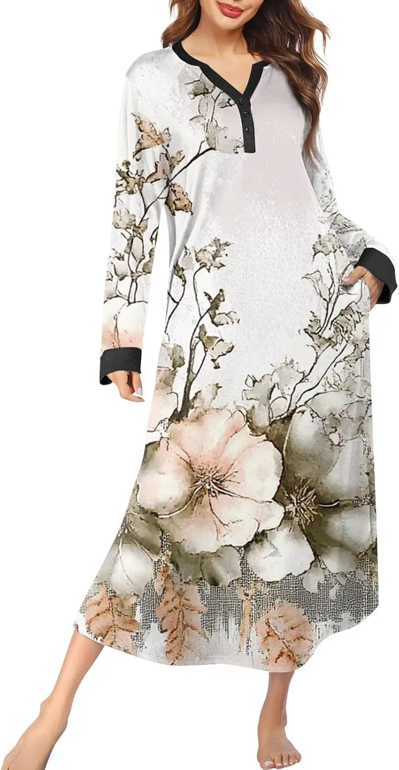 Womens Casual House Dress Trendy Long Sleeve Button Down Elegant V Neck Plus Size Floral Pleated Flowy Midi Dress