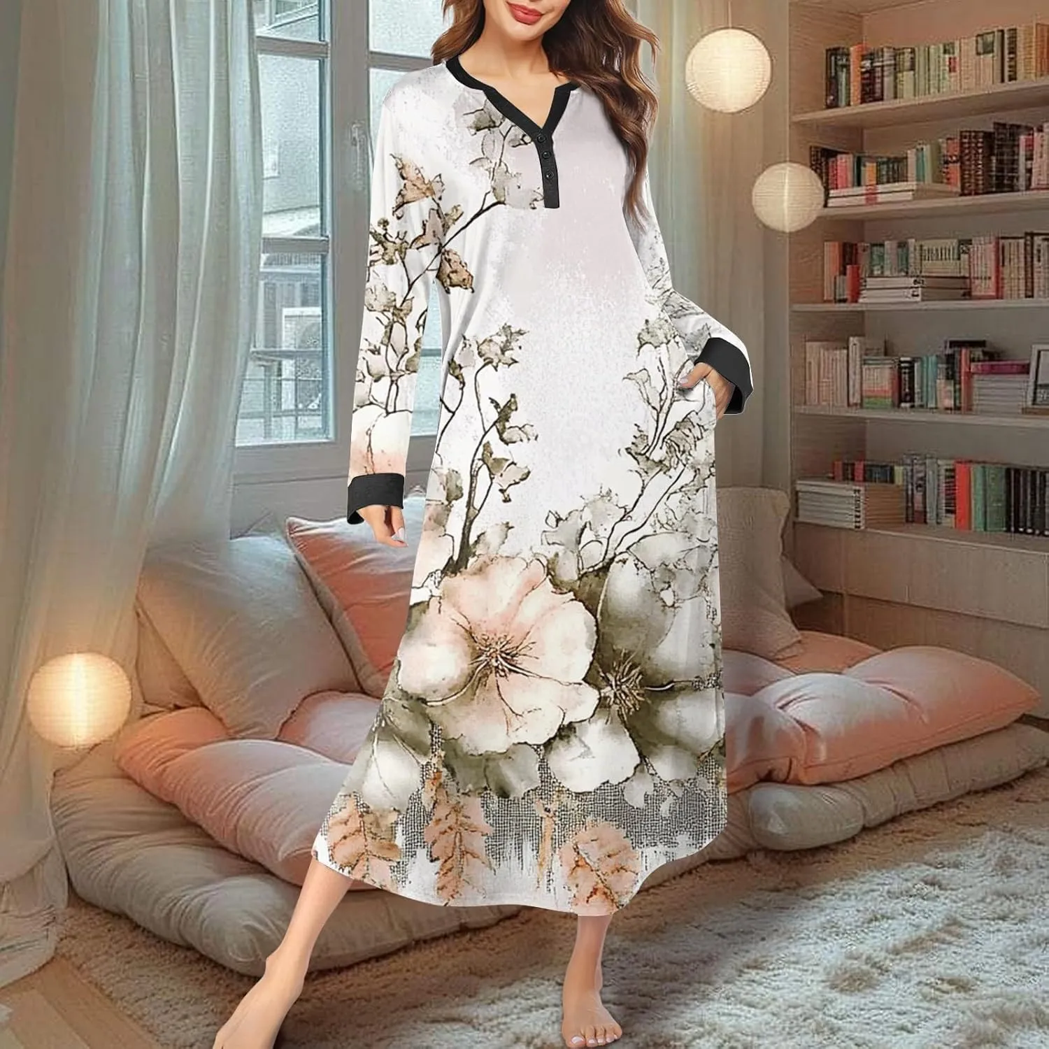Womens Casual House Dress Trendy Long Sleeve Button Down Elegant V Neck Plus Size Floral Pleated Flowy Midi Dress