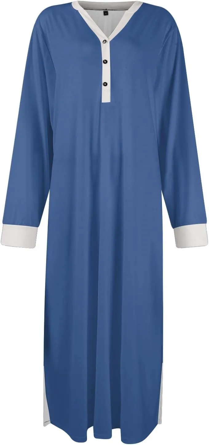 Womens Casual House Dress Trendy Long Sleeve Button Down Elegant V Neck Plus Size Floral Pleated Flowy Midi Dress
