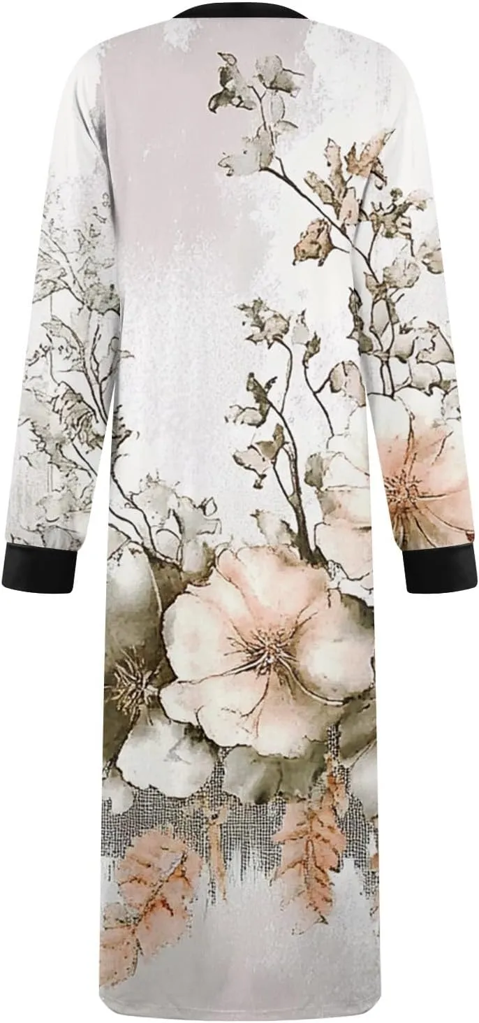 Womens Casual House Dress Trendy Long Sleeve Button Down Elegant V Neck Plus Size Floral Pleated Flowy Midi Dress