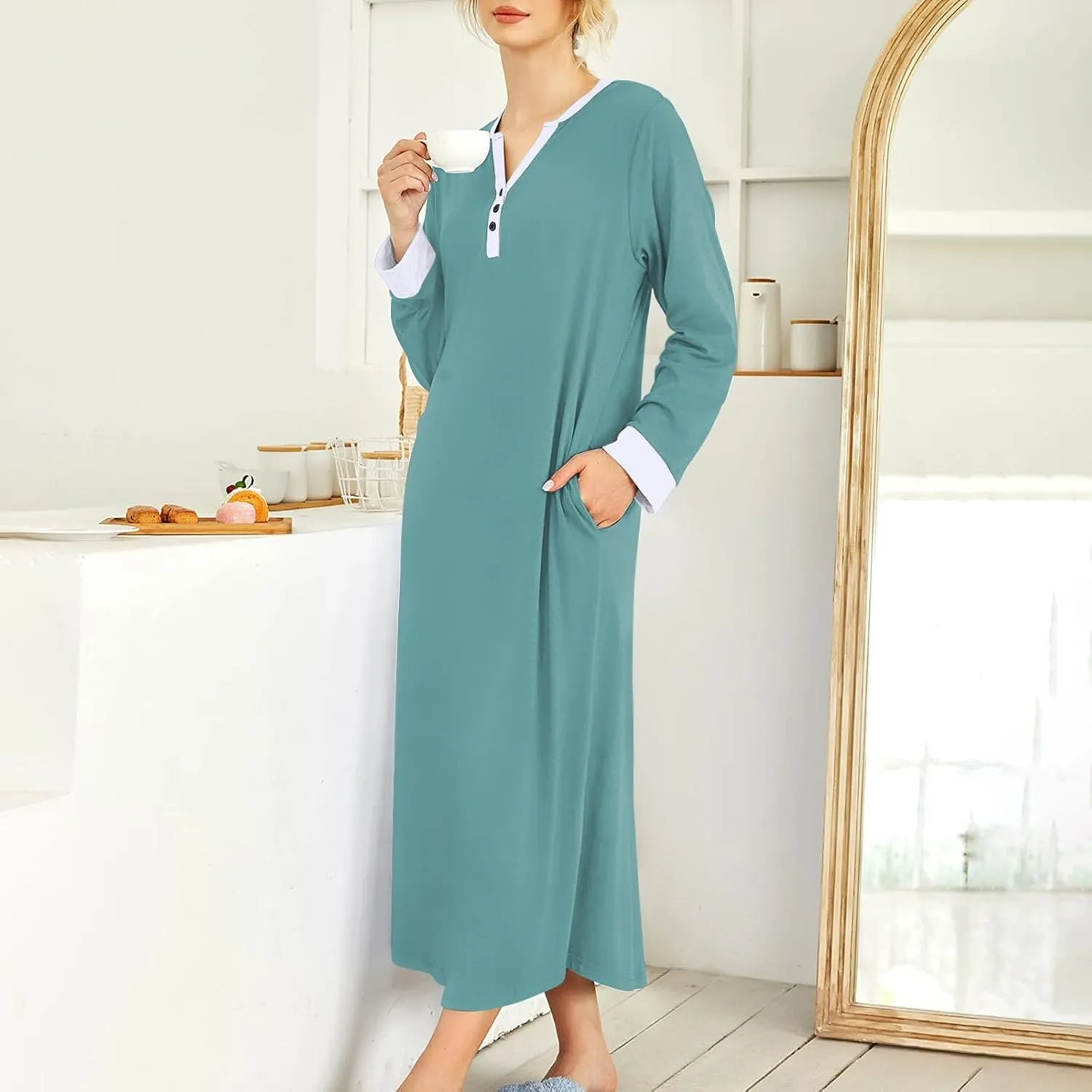 Womens Casual House Dress Trendy Long Sleeve Button Down Elegant V Neck Plus Size Floral Pleated Flowy Midi Dress