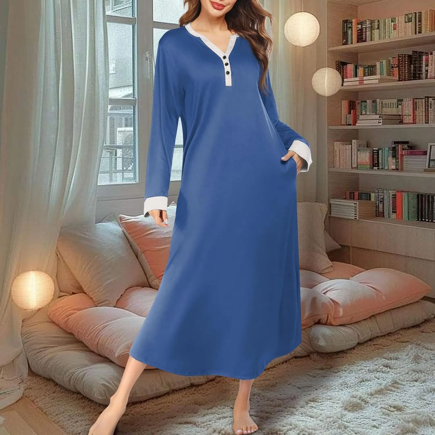 Womens Casual House Dress Trendy Long Sleeve Button Down Elegant V Neck Plus Size Floral Pleated Flowy Midi Dress