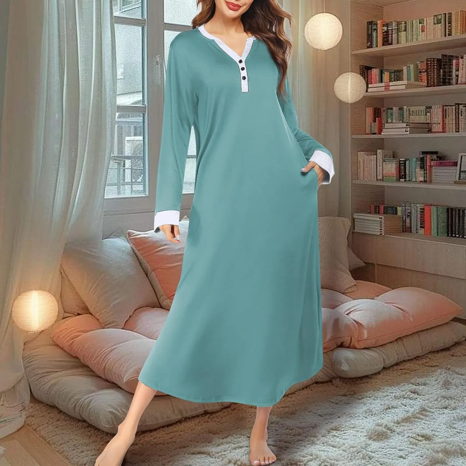 Womens Casual House Dress Trendy Long Sleeve Button Down Elegant V Neck Plus Size Floral Pleated Flowy Midi Dress