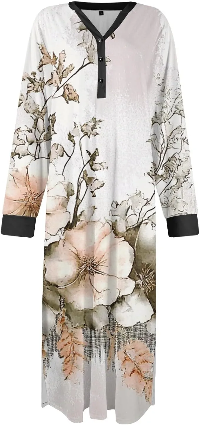 Womens Casual House Dress Trendy Long Sleeve Button Down Elegant V Neck Plus Size Floral Pleated Flowy Midi Dress
