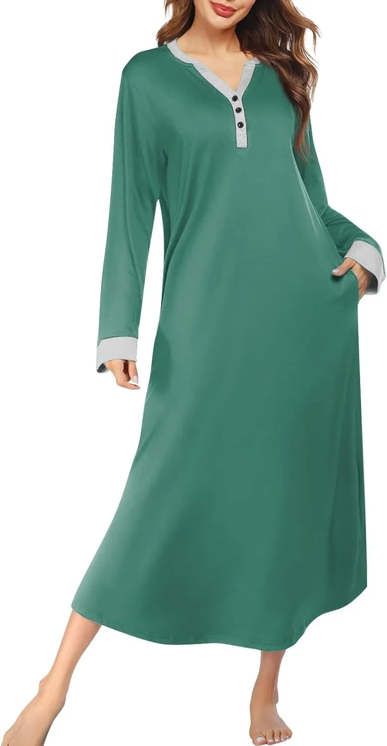 Womens Casual House Dress Trendy Long Sleeve Button Down Elegant V Neck Plus Size Floral Pleated Flowy Midi Dress