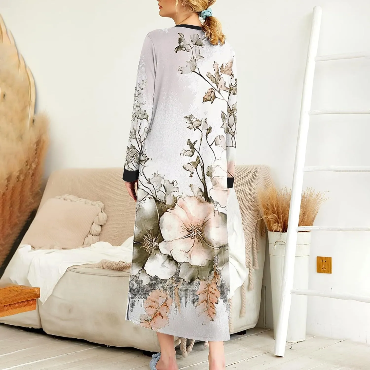 Womens Casual House Dress Trendy Long Sleeve Button Down Elegant V Neck Plus Size Floral Pleated Flowy Midi Dress
