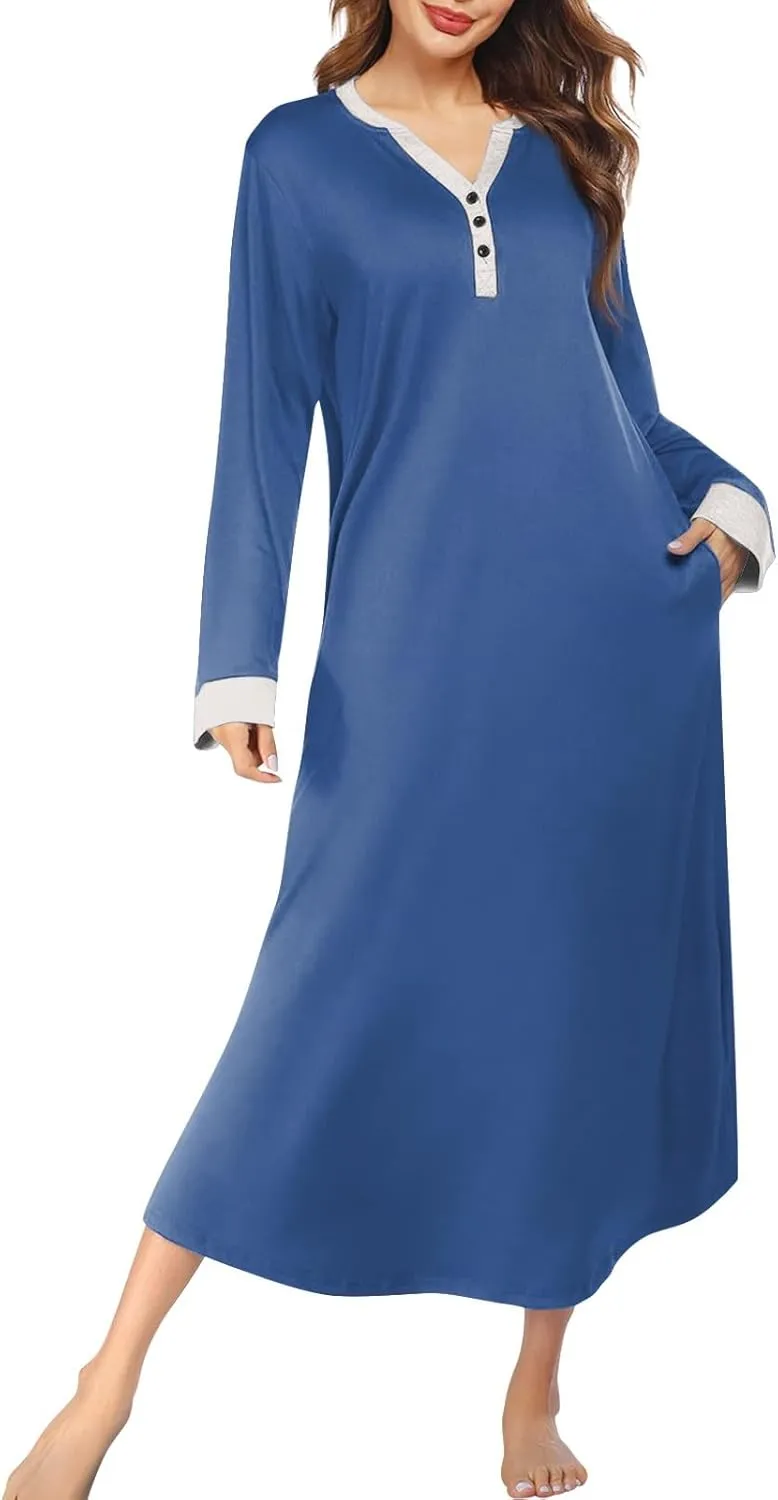 Womens Casual House Dress Trendy Long Sleeve Button Down Elegant V Neck Plus Size Floral Pleated Flowy Midi Dress