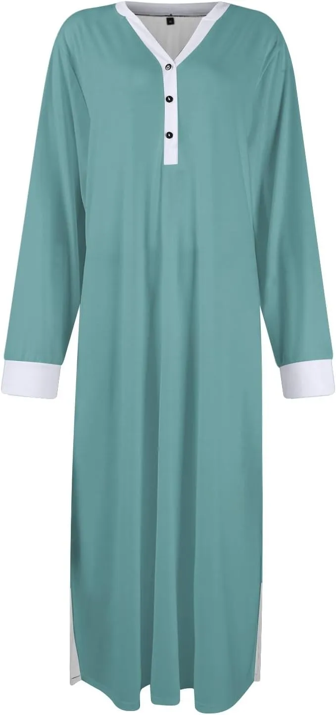 Womens Casual House Dress Trendy Long Sleeve Button Down Elegant V Neck Plus Size Floral Pleated Flowy Midi Dress