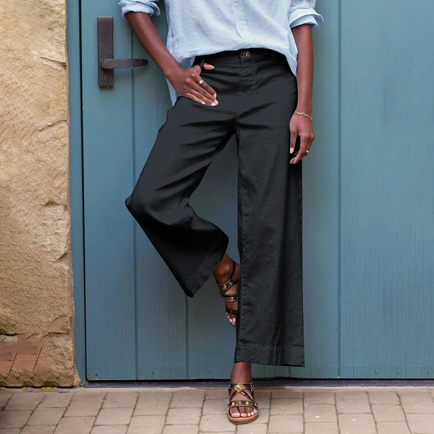 Womens Casual Palazzo Pants Loose Wide Leg Beach Trousers High Waisted Elastic Lightweight Summer Outfit with Pockets