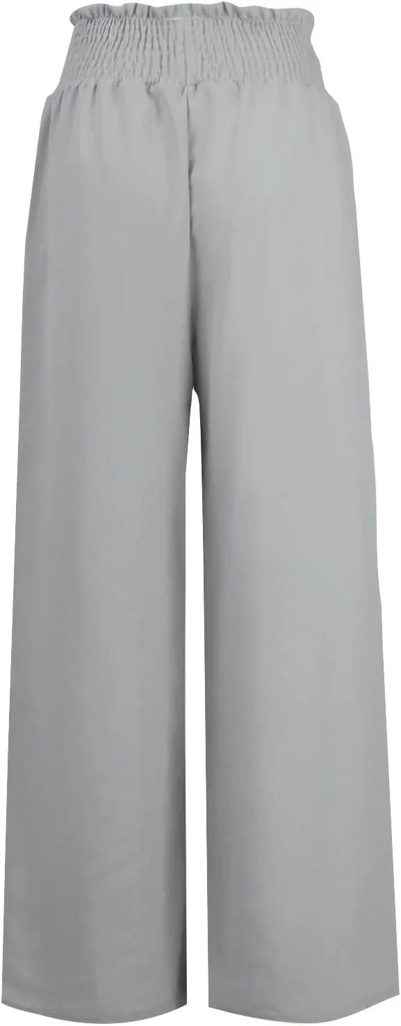 Womens Casual Palazzo Pants Loose Wide Leg Beach Trousers High Waisted Elastic Lightweight Summer Outfit with Pockets