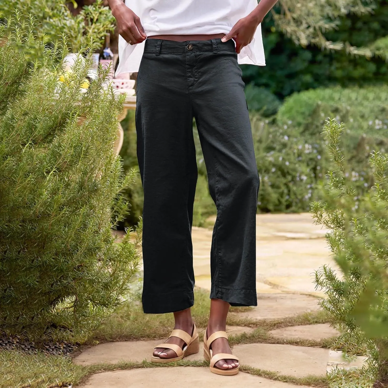 Womens Casual Palazzo Pants Loose Wide Leg Beach Trousers High Waisted Elastic Lightweight Summer Outfit with Pockets