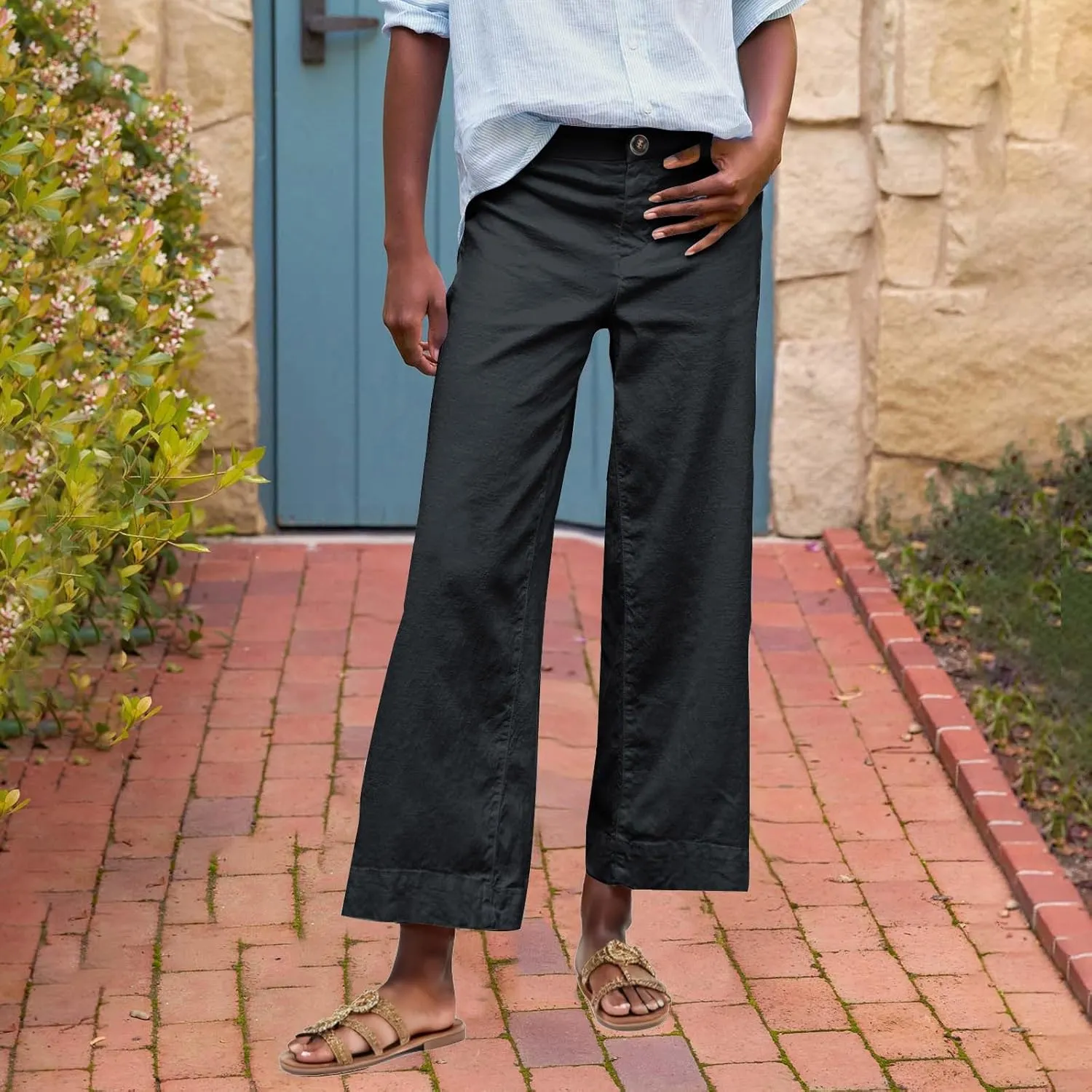 Womens Casual Palazzo Pants Loose Wide Leg Beach Trousers High Waisted Elastic Lightweight Summer Outfit with Pockets