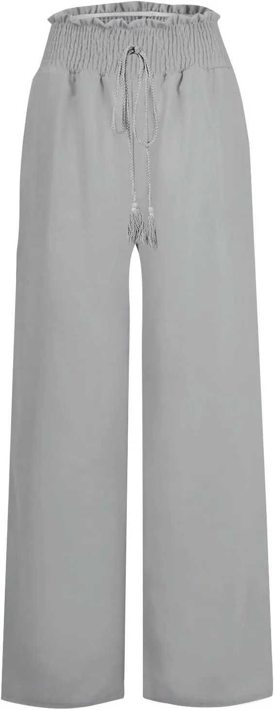 Womens Casual Palazzo Pants Loose Wide Leg Beach Trousers High Waisted Elastic Lightweight Summer Outfit with Pockets