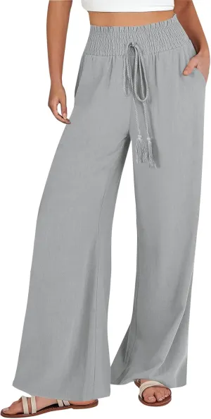 Womens Casual Palazzo Pants Loose Wide Leg Beach Trousers High Waisted Elastic Lightweight Summer Outfit with Pockets