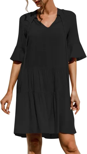 Women's Casual Puff Sleeve Mini Dress Solid Color V-Neck Ruffle Dress with Pleated Details Cute and Elegant