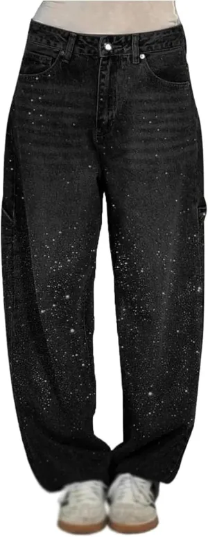 Women's Casual Rhinestone Loose Harem Jeans, Rhinestone Loose Harem for Women with Pockets