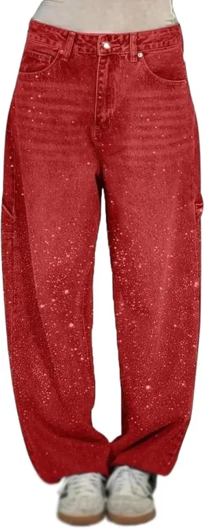 Women's Casual Rhinestone Loose Harem Jeans, Rhinestone Loose Harem for Women with Pockets