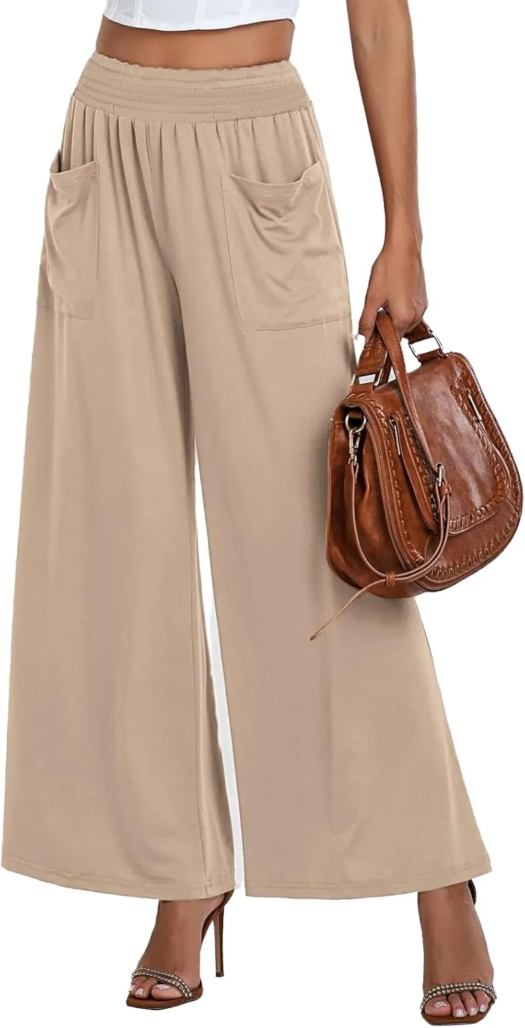 Women's Casual Wide Leg Pants Elastic High Waist Loose Lounge Pant Baggy Flowy Trouser with Pockets