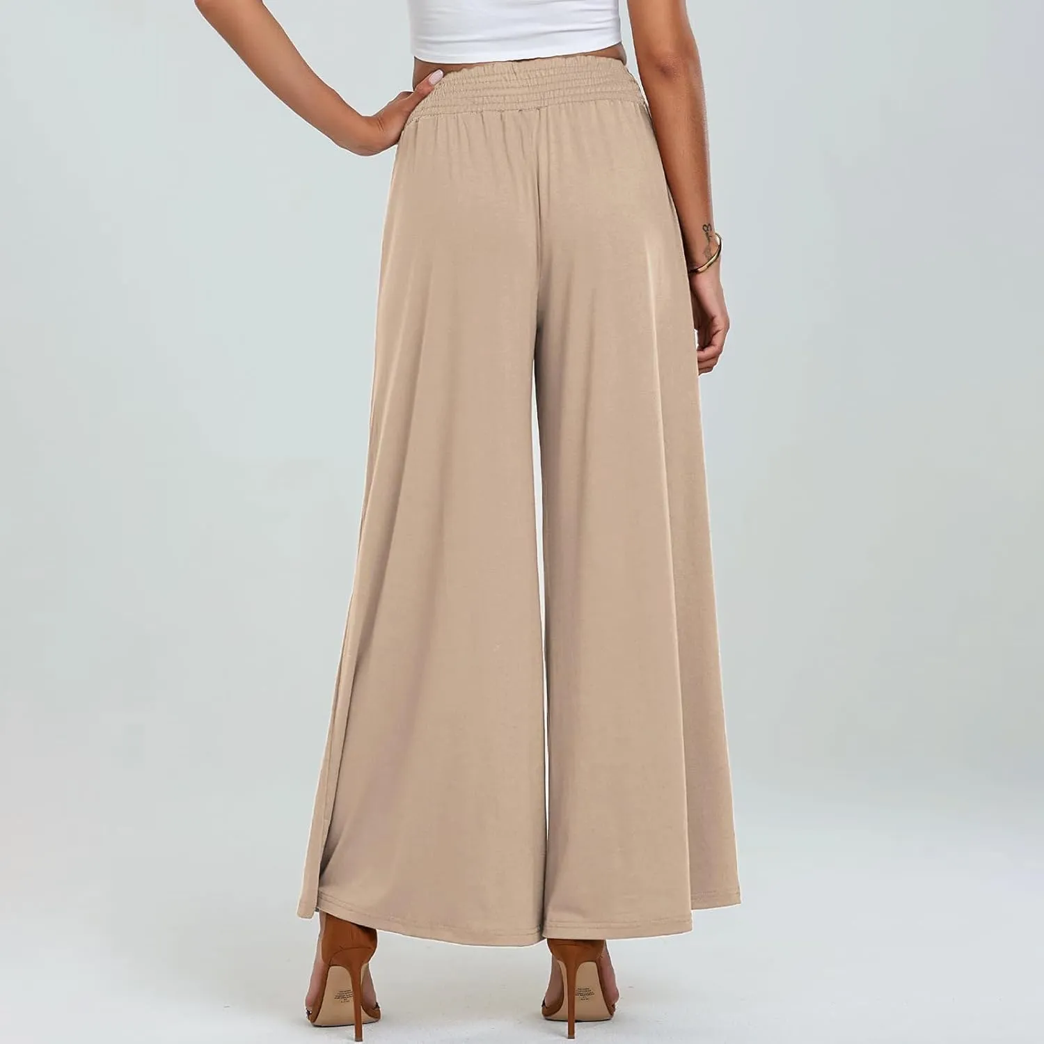 Women's Casual Wide Leg Pants Elastic High Waist Loose Lounge Pant Baggy Flowy Trouser with Pockets