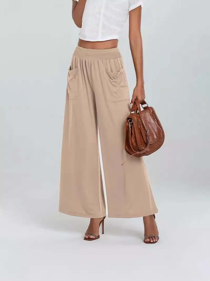 Women's Casual Wide Leg Pants Elastic High Waist Loose Lounge Pant Baggy Flowy Trouser with Pockets