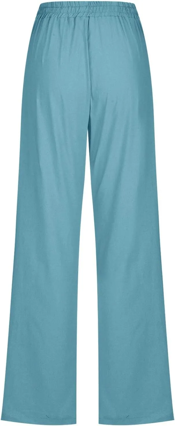 Women's Cotton Linen Drawstring High Waisted Pants Summer Palazzo Pants Casual Loose Fit Wide Leg Trousers with Pockets