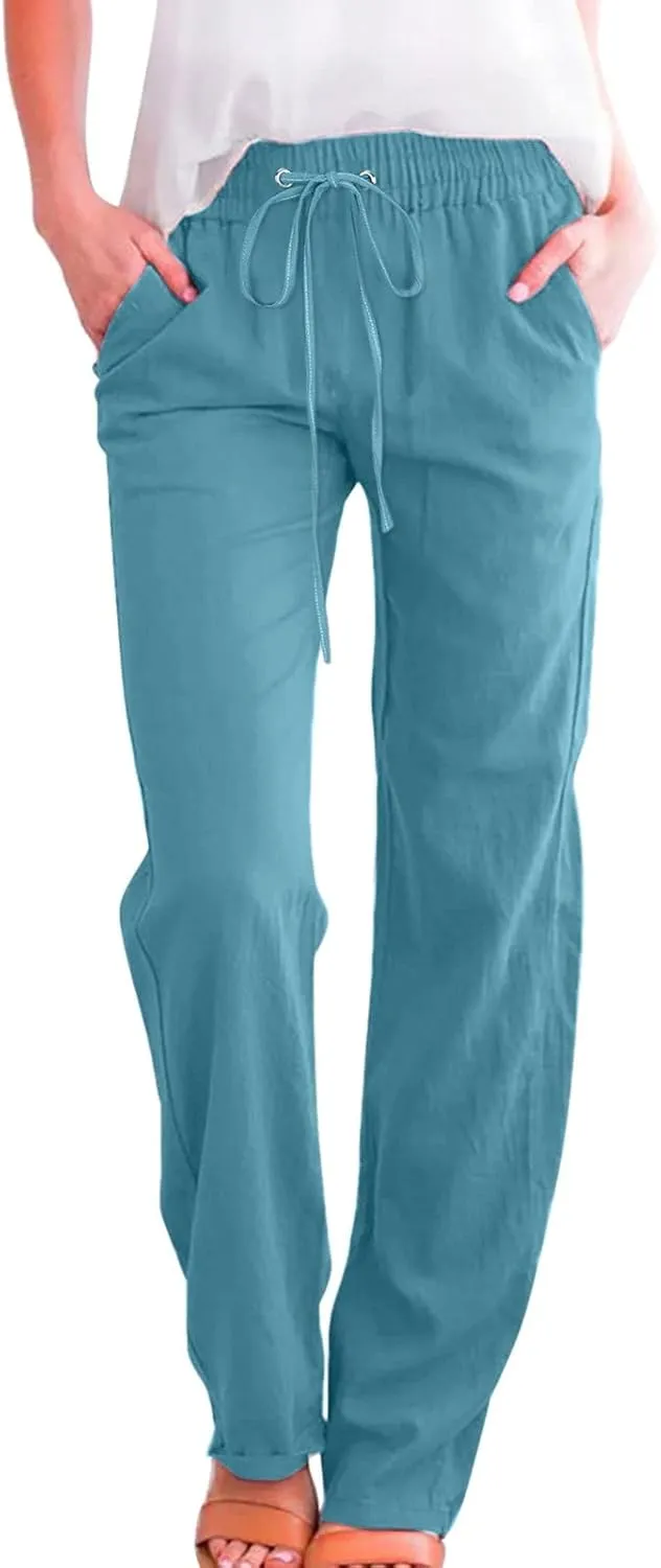 Women's Cotton Linen Drawstring High Waisted Pants Summer Palazzo Pants Casual Loose Fit Wide Leg Trousers with Pockets