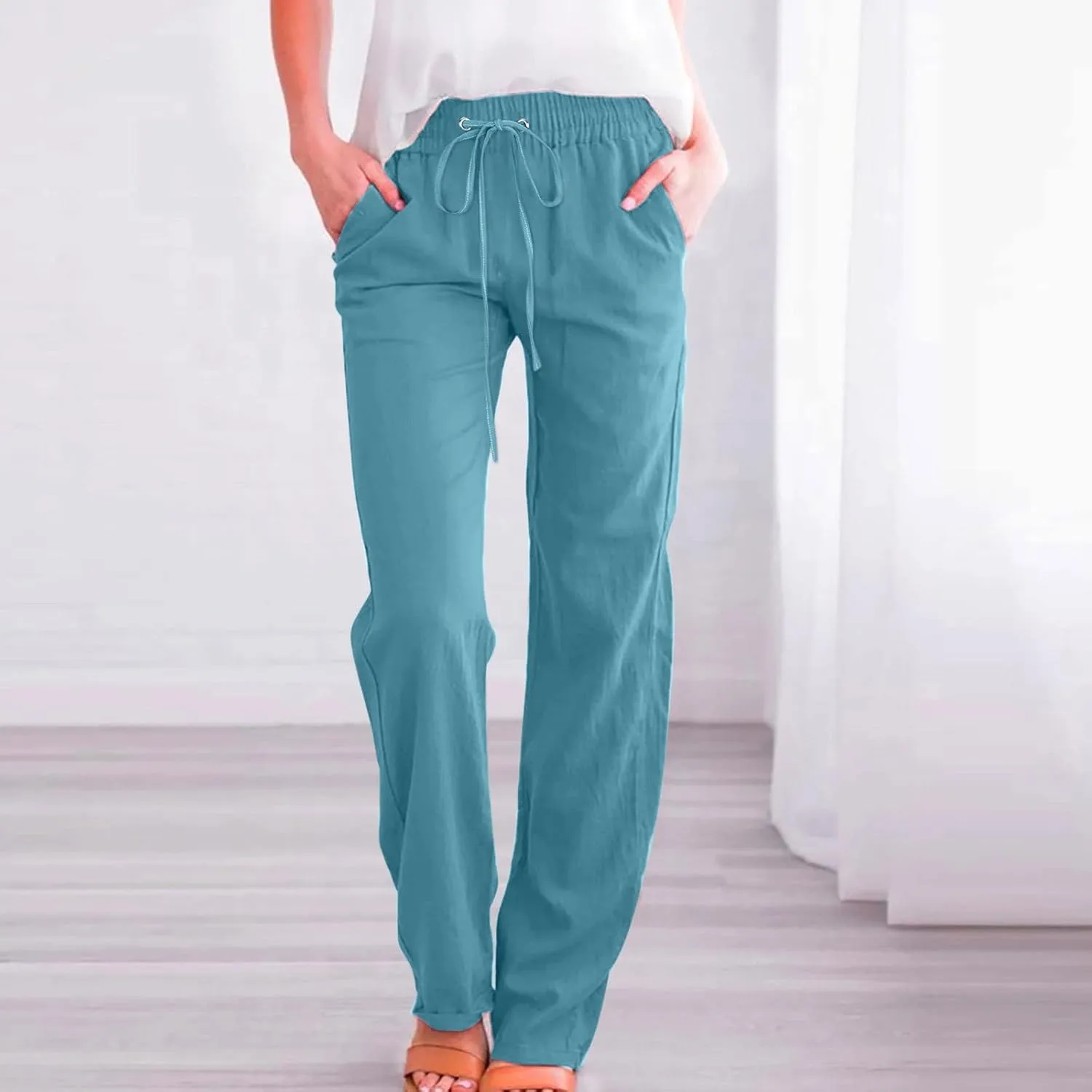 Women's Cotton Linen Drawstring High Waisted Pants Summer Palazzo Pants Casual Loose Fit Wide Leg Trousers with Pockets