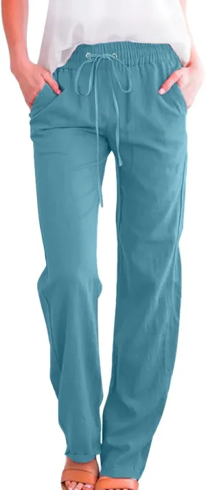 Women's Cotton Linen Drawstring High Waisted Pants Summer Palazzo Pants Casual Loose Fit Wide Leg Trousers with Pockets