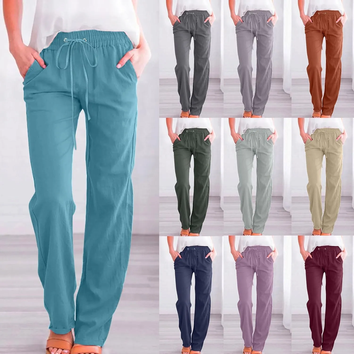 Women's Cotton Linen Drawstring High Waisted Pants Summer Palazzo Pants Casual Loose Fit Wide Leg Trousers with Pockets