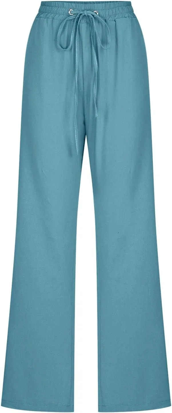 Women's Cotton Linen Drawstring High Waisted Pants Summer Palazzo Pants Casual Loose Fit Wide Leg Trousers with Pockets