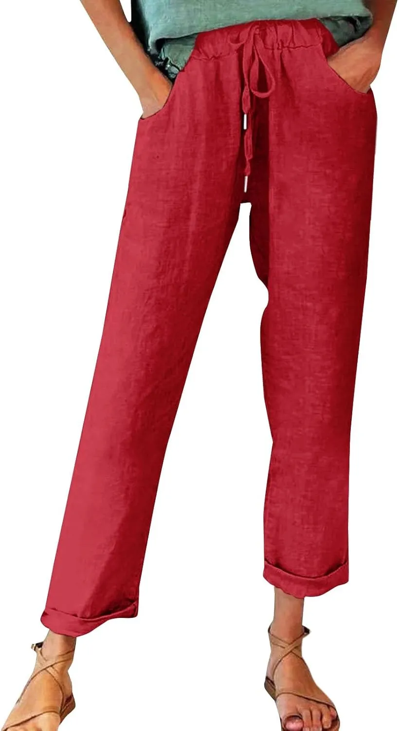 Womens Cotton Linen Palazzo Pants Pants Waist Casual Loose Trousers Drawstring Elastic Waist Casual Wide Leg