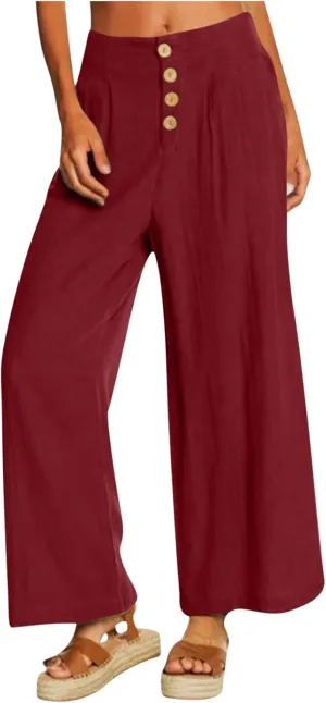 Womens Cotton Linen Pants 2024 Trendy Buttoned Wide Leg High Waist Trousers Flowy Lounge Travel Outfits with Pockets