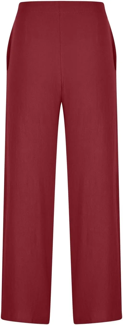 Womens Cotton Linen Pants 2024 Trendy Buttoned Wide Leg High Waist Trousers Flowy Lounge Travel Outfits with Pockets