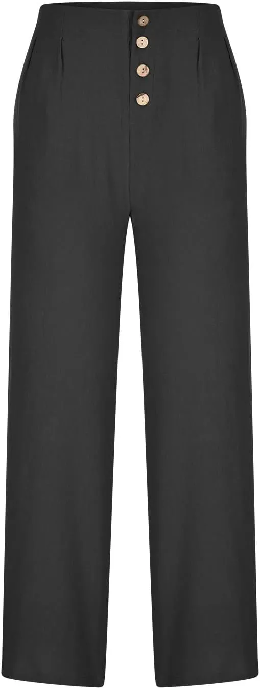 Womens Cotton Linen Pants 2024 Trendy Buttoned Wide Leg High Waist Trousers Flowy Lounge Travel Outfits with Pockets