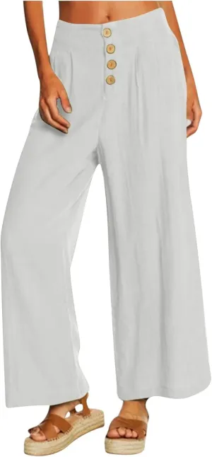 Womens Cotton Linen Pants 2024 Trendy Buttoned Wide Leg High Waist Trousers Flowy Lounge Travel Outfits with Pockets