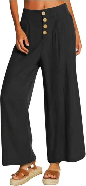 Womens Cotton Linen Pants 2024 Trendy Buttoned Wide Leg High Waist Trousers Flowy Lounge Travel Outfits with Pockets